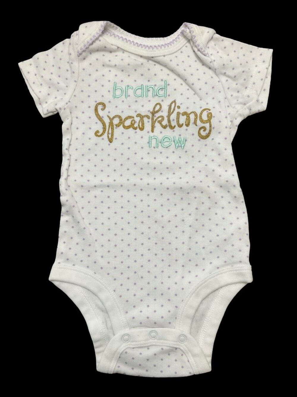 👣 5/$25 - White/Purple Polka Dot "Brand Sparkling New" Onesie